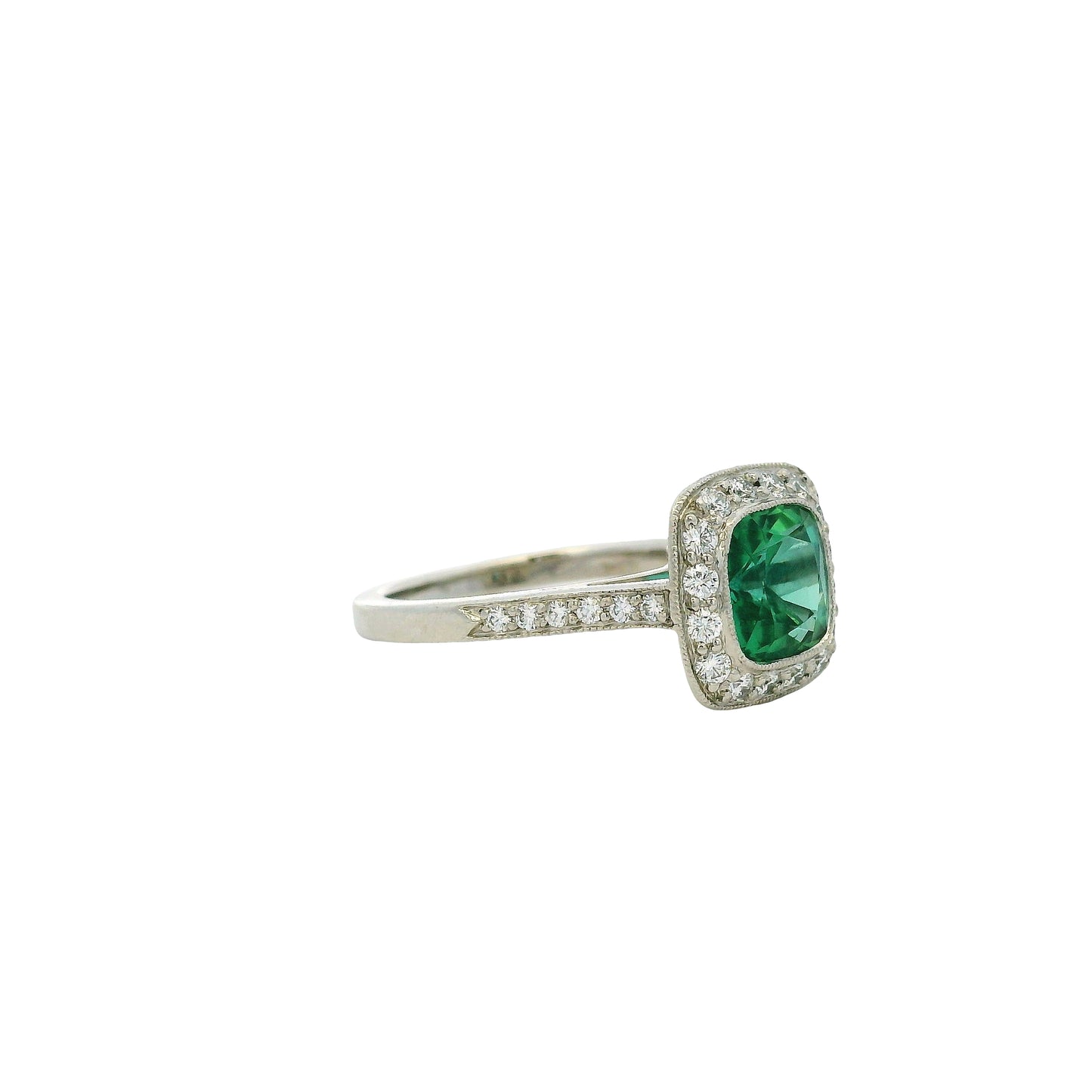 Tiffany & Co. Platinum Cushion Cut Tourmaline Green Center Gemstone with 0.38ctw Diamond Halo Ring