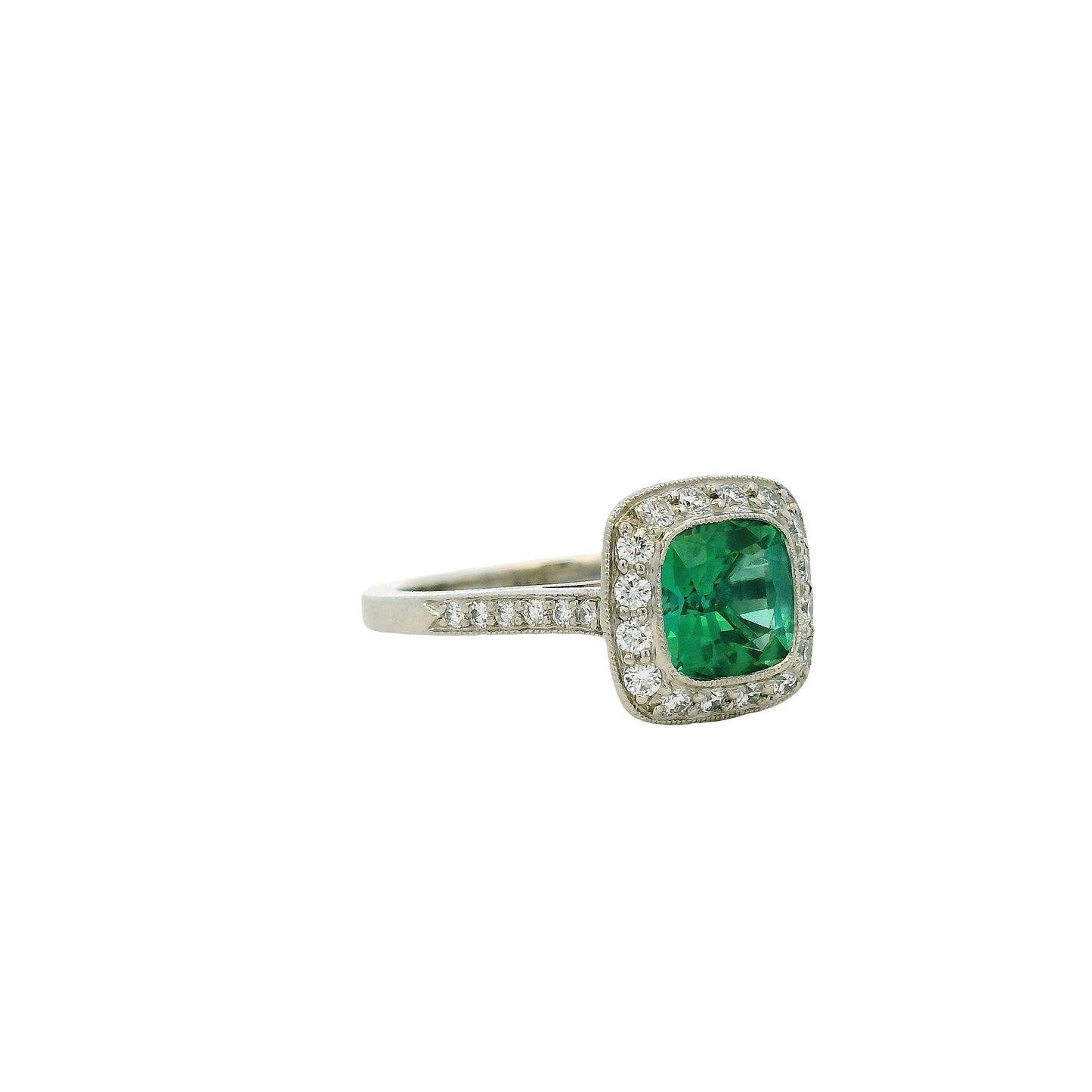 Tiffany & Co. Platinum Cushion Cut Tourmaline Green Center Gemstone with 0.38ctw Diamond Halo Ring