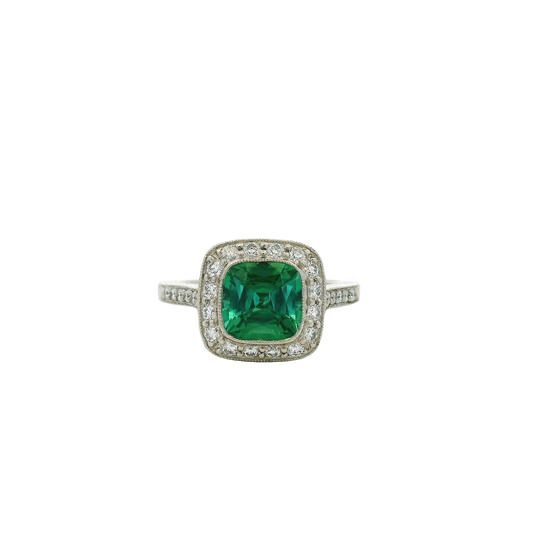 Tiffany & Co. Platinum Cushion Cut Tourmaline Green Center Gemstone with 0.38ctw Diamond Halo Ring