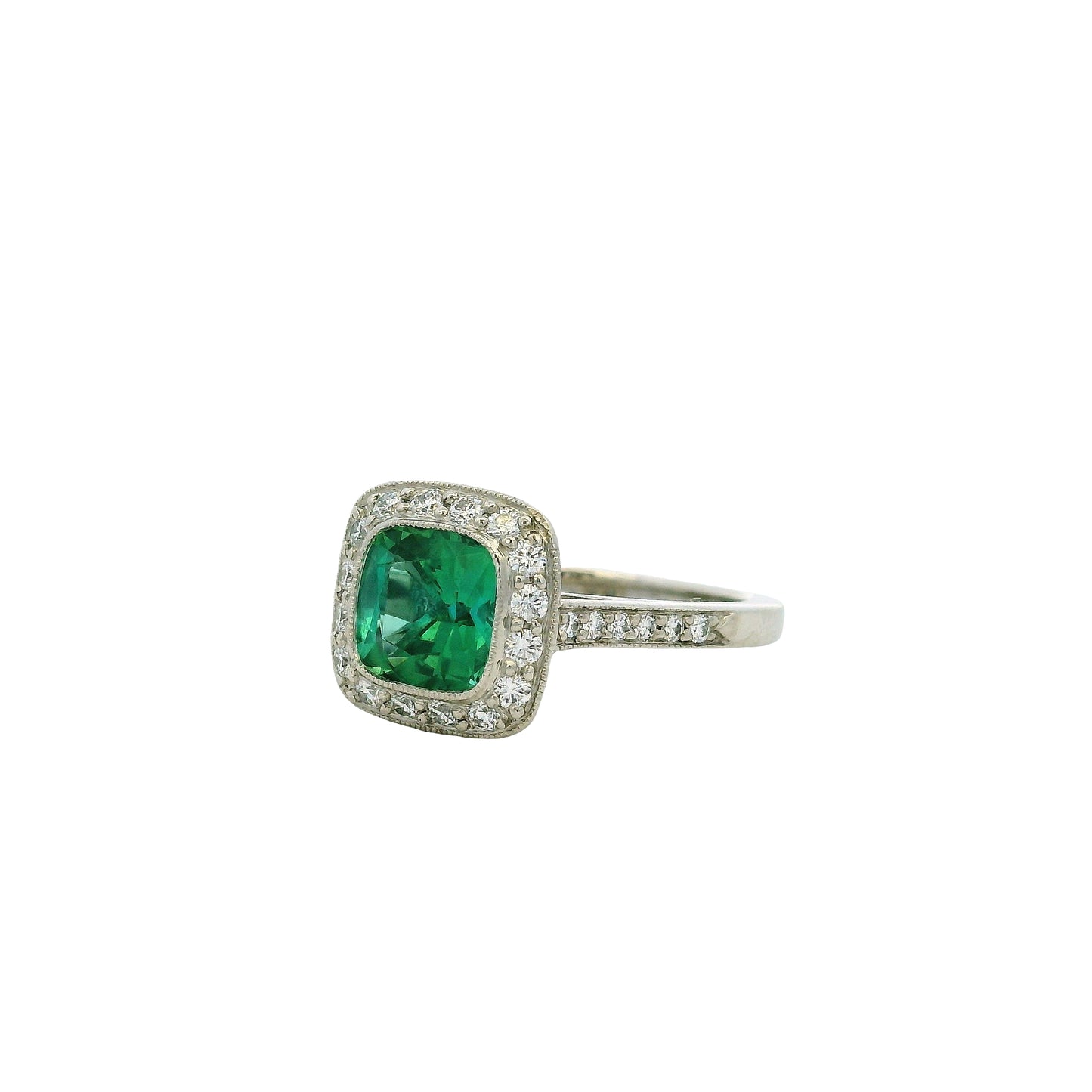 Tiffany & Co. Platinum Cushion Cut Tourmaline Green Center Gemstone with 0.38ctw Diamond Halo Ring
