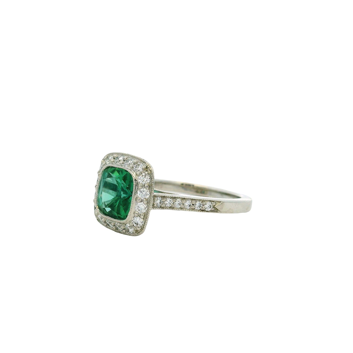 Tiffany & Co. Platinum Cushion Cut Tourmaline Green Center Gemstone with 0.38ctw Diamond Halo Ring