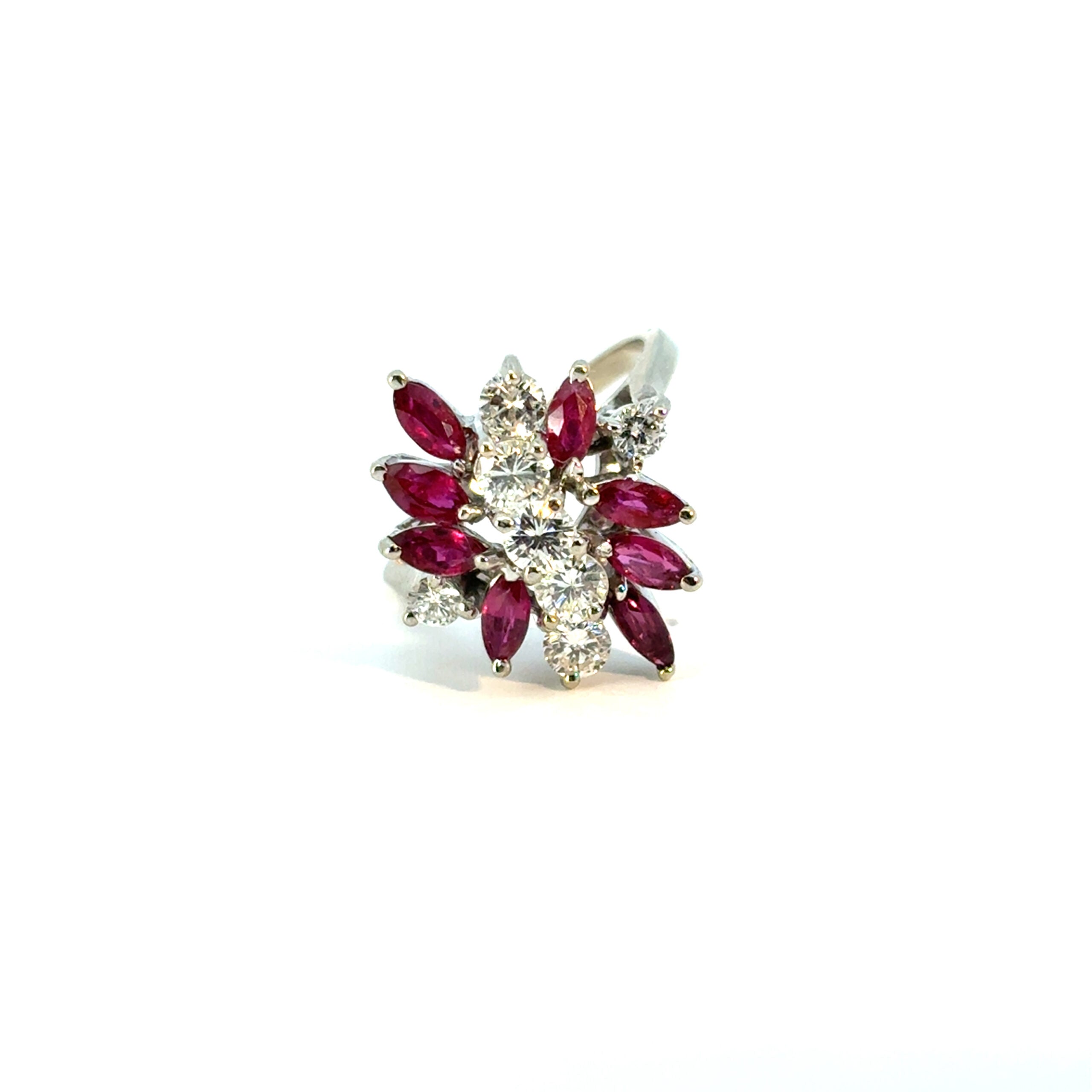 14k White Gold 0.77ctw Diamond Red Gemstone Cluster Ring
