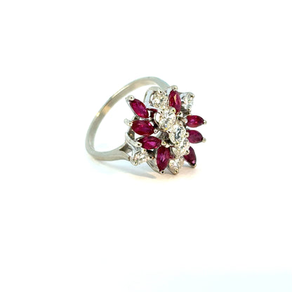 14k White Gold 0.77ctw Diamond Red Gemstone Cluster Ring