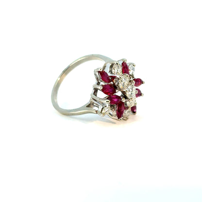 14k White Gold 0.77ctw Diamond Red Gemstone Cluster Ring