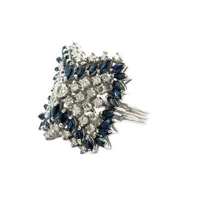 14k White Gold Natural Diamond and Blue Sapphire Cocktail Ring