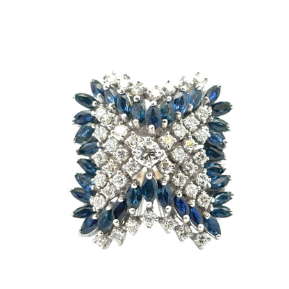 14k White Gold Natural Diamond and Blue Sapphire Cocktail Ring