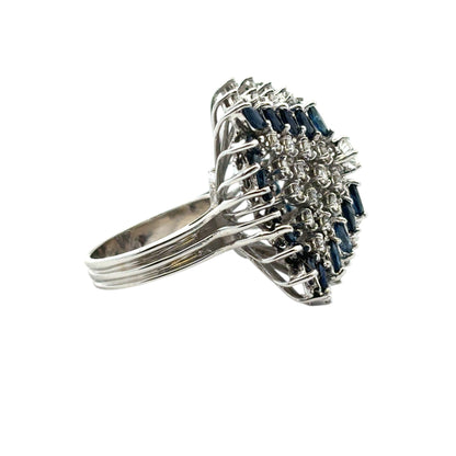 14k White Gold Natural Diamond and Blue Sapphire Cocktail Ring