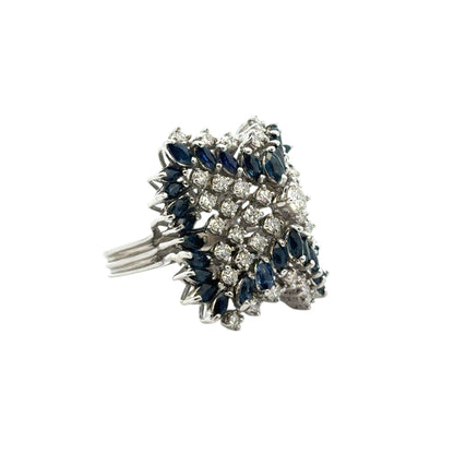 14k White Gold Natural Diamond and Blue Sapphire Cocktail Ring