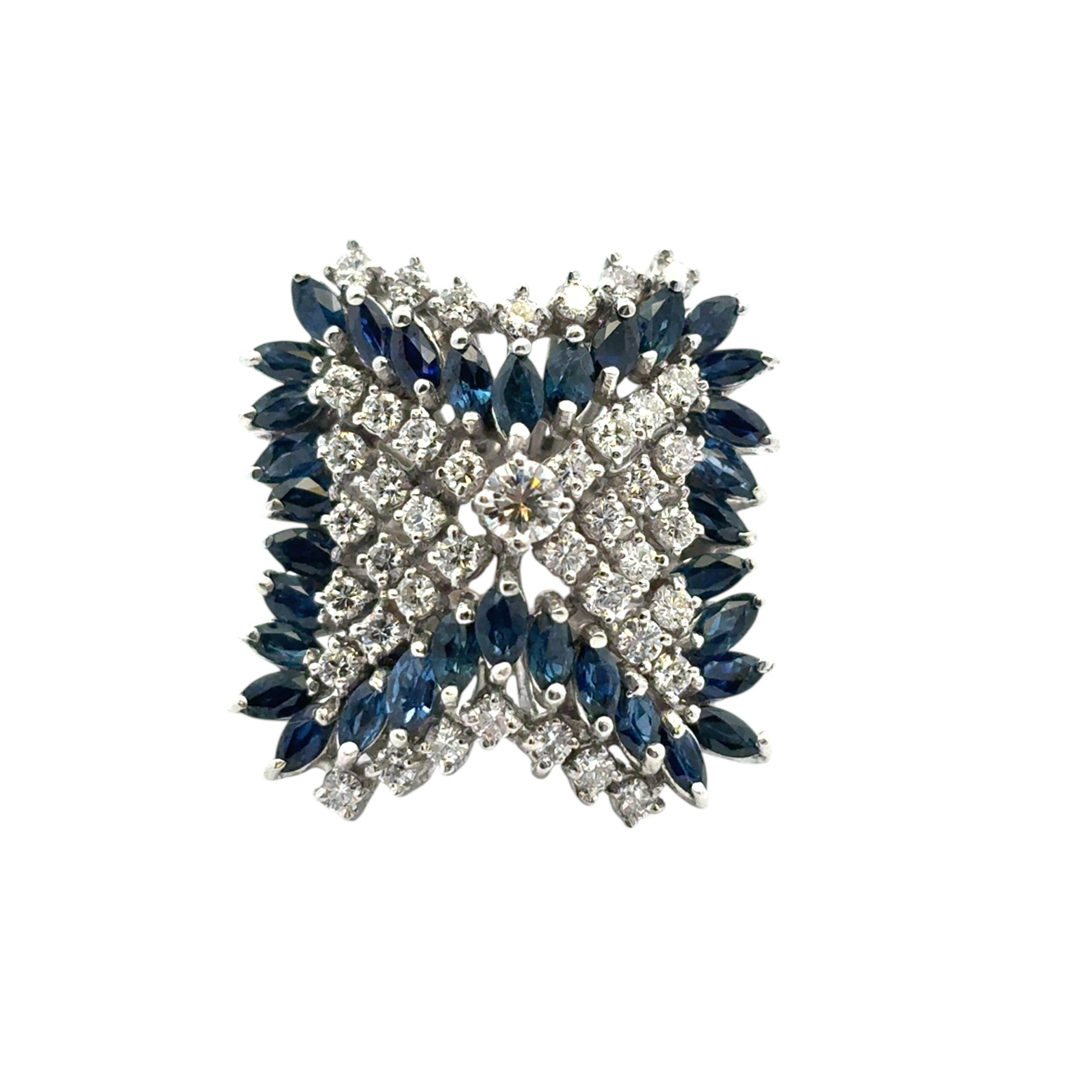 14k White Gold Natural Diamond and Blue Sapphire Cocktail Ring