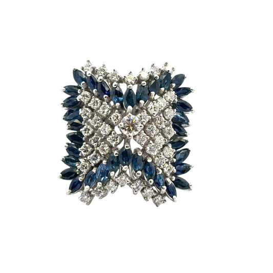 14k White Gold Natural Diamond and Blue Sapphire Cocktail Ring