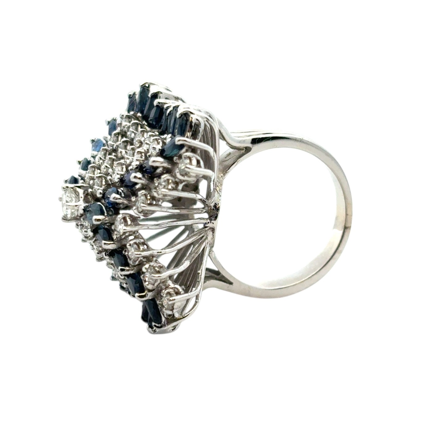 14k White Gold Natural Diamond and Blue Sapphire Cocktail Ring