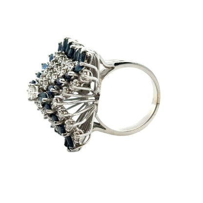 14k White Gold Natural Diamond and Blue Sapphire Cocktail Ring