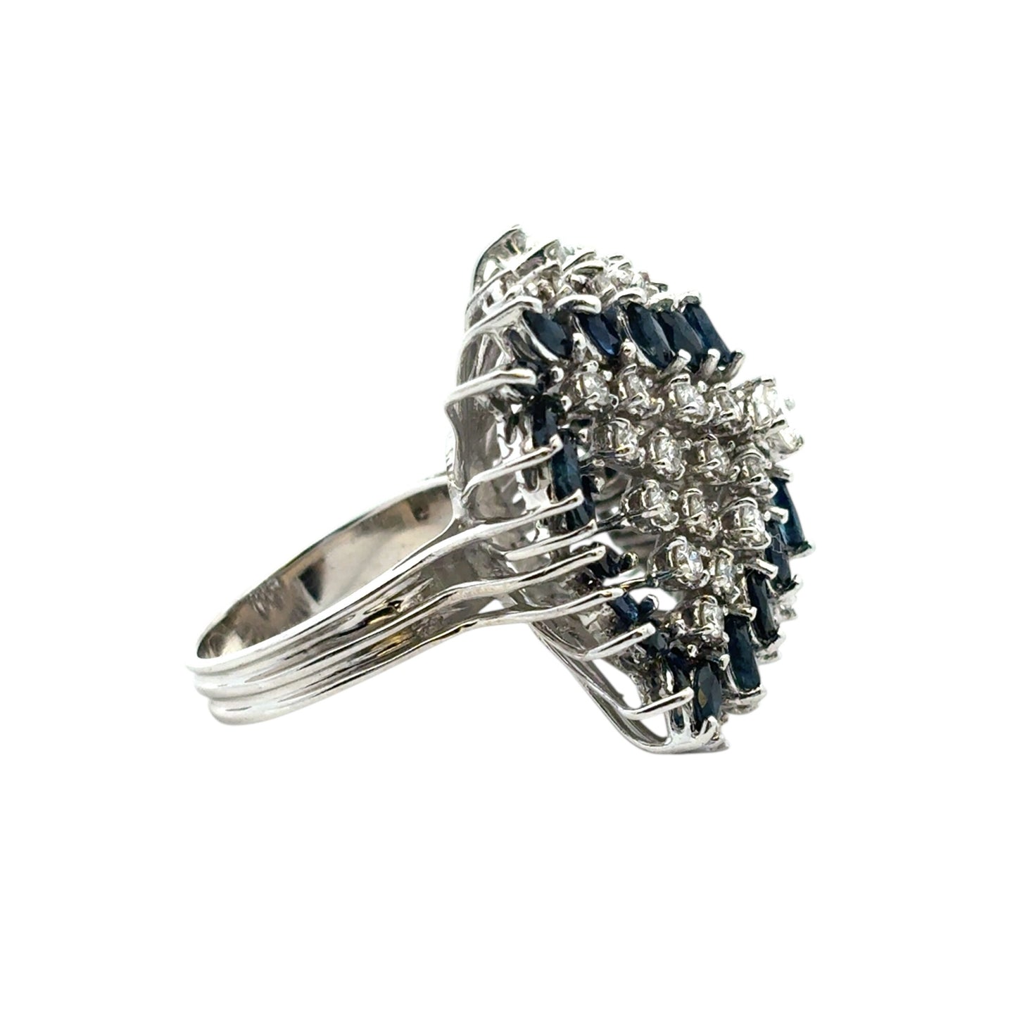 14k White Gold Natural Diamond and Blue Sapphire Cocktail Ring