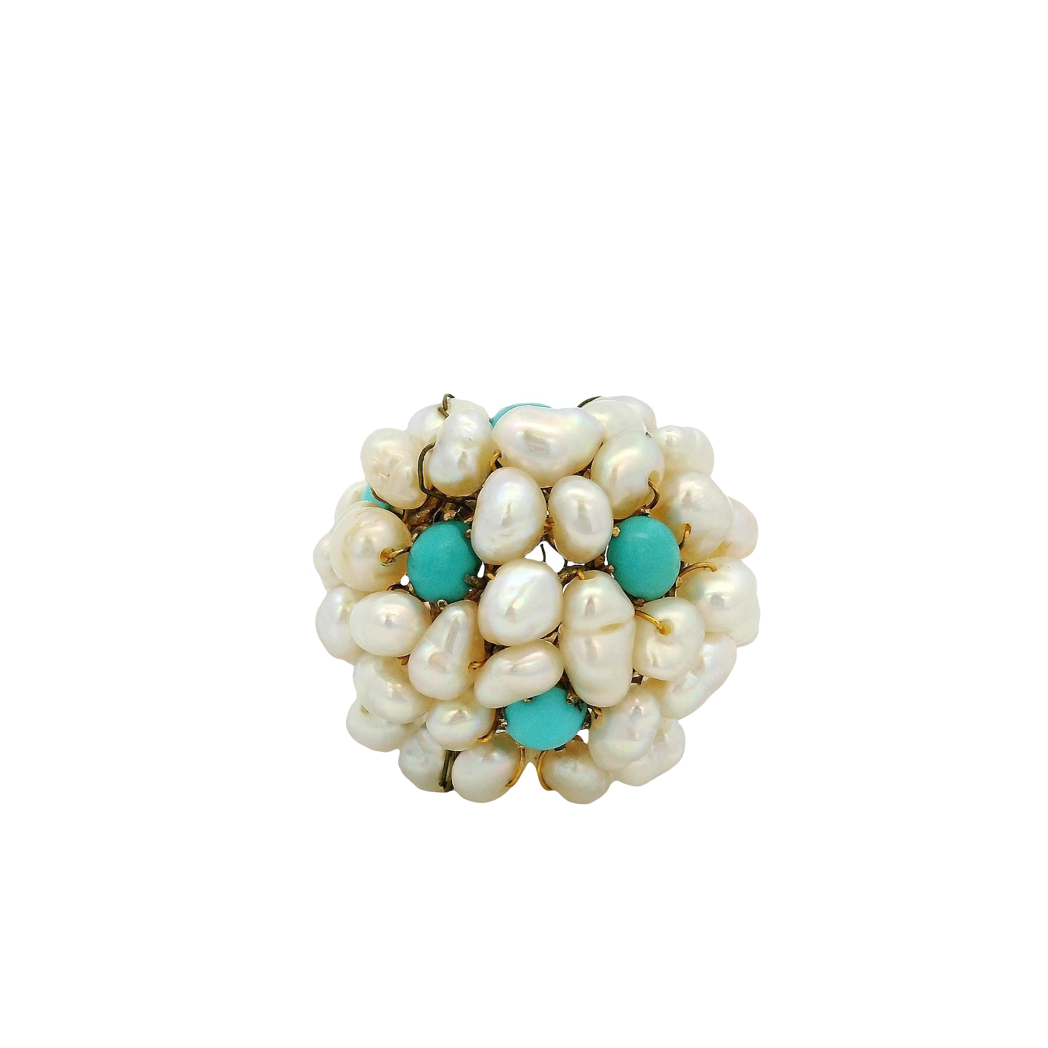 14k & 18k Yellow Gold Freshwater Pearl and Turquoise Cluster Ring