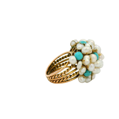 14k & 18k Yellow Gold Freshwater Pearl and Turquoise Cluster Ring