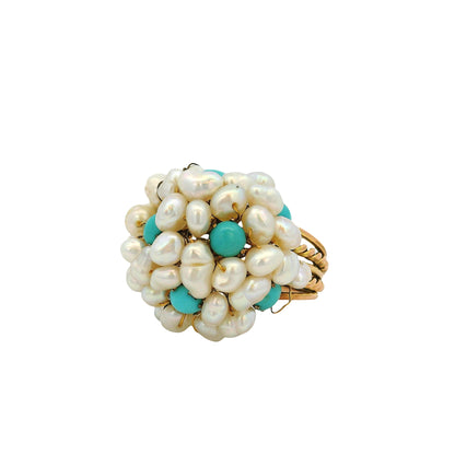 14k & 18k Yellow Gold Freshwater Pearl and Turquoise Cluster Ring