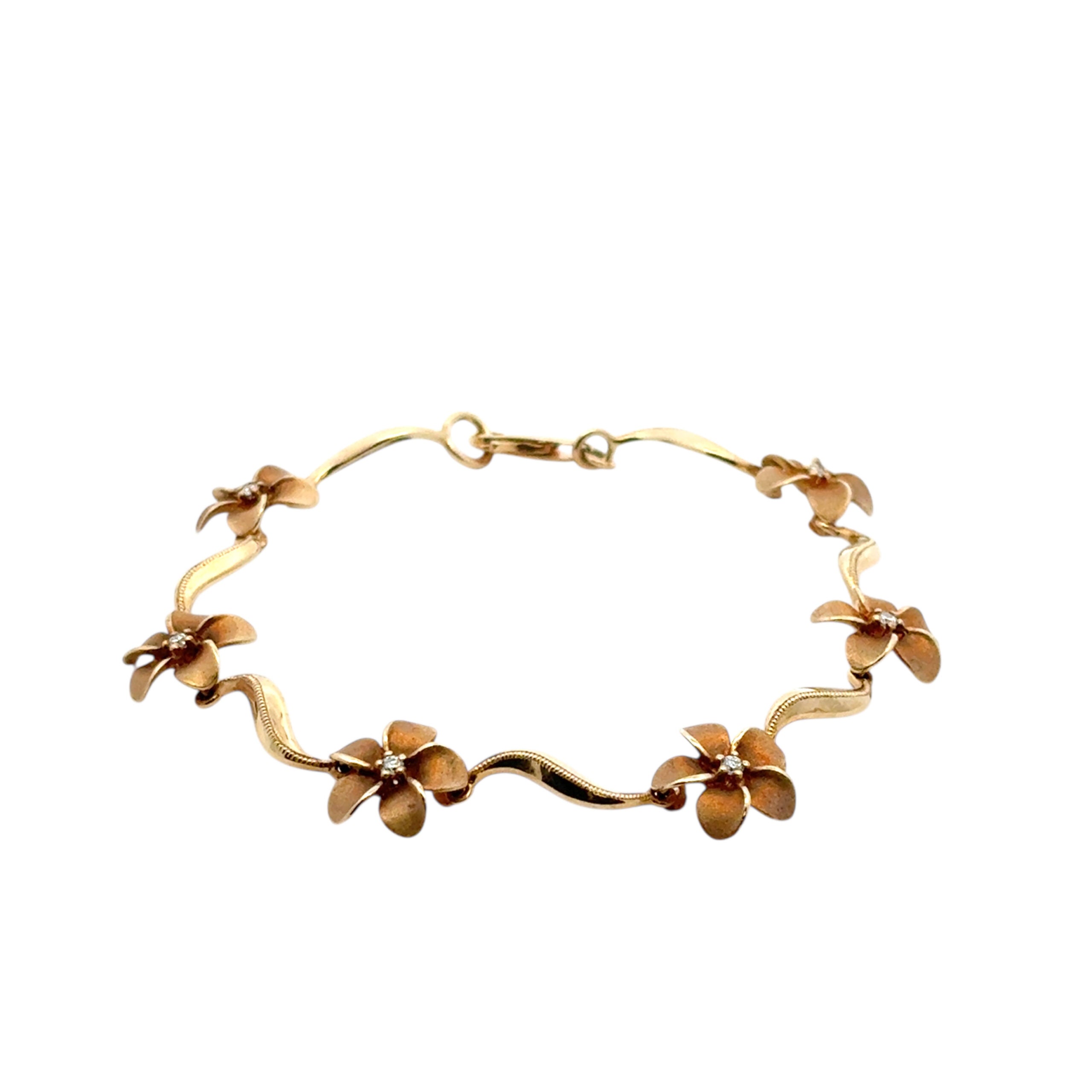 14k Yellow Gold Diamond Plumeria Flower Bracelet