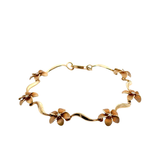 14k Yellow Gold Diamond Plumeria Flower Bracelet