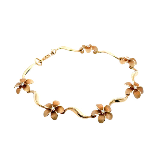 14k Yellow Gold Diamond Plumeria Flower Bracelet