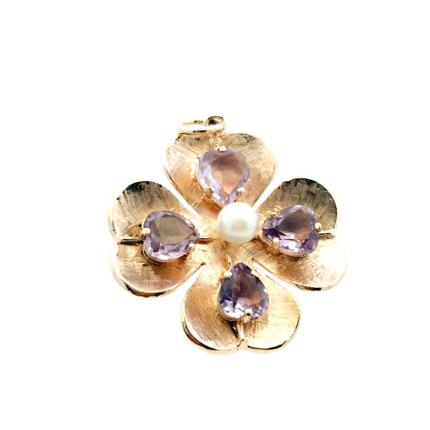 14K Yellow Gold Amethyst and Pearl Clover Pendant