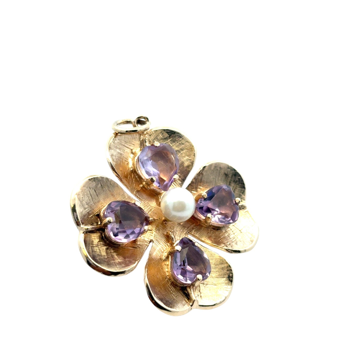 14K Yellow Gold Amethyst and Pearl Clover Pendant