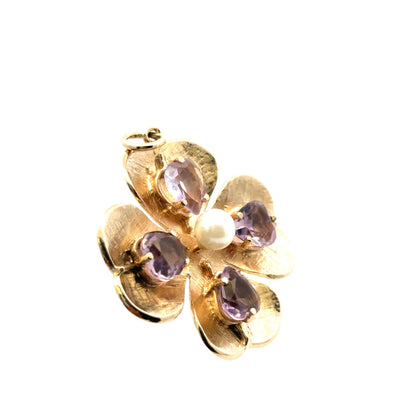 14K Yellow Gold Amethyst and Pearl Clover Pendant