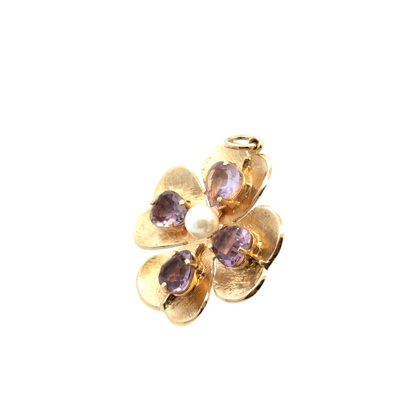 14K Yellow Gold Amethyst and Pearl Clover Pendant