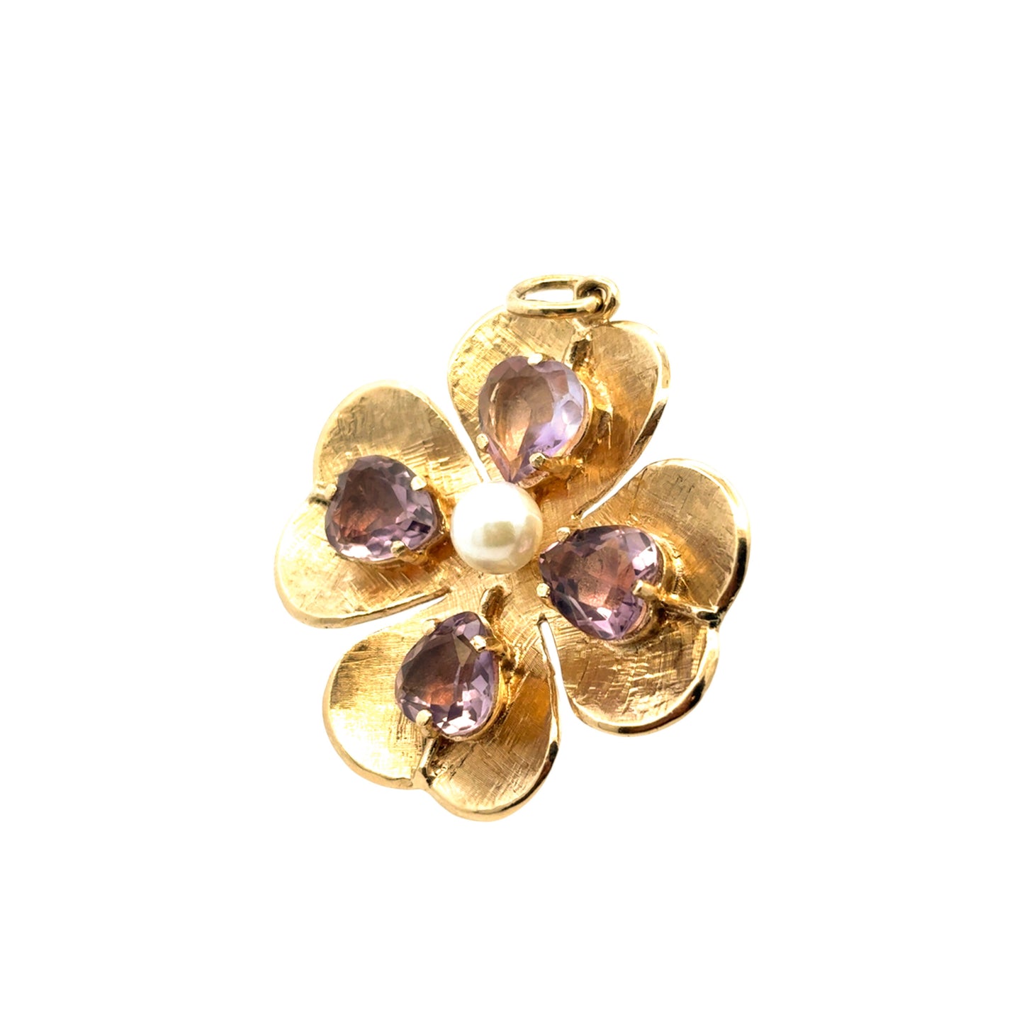 14K Yellow Gold Amethyst and Pearl Clover Pendant