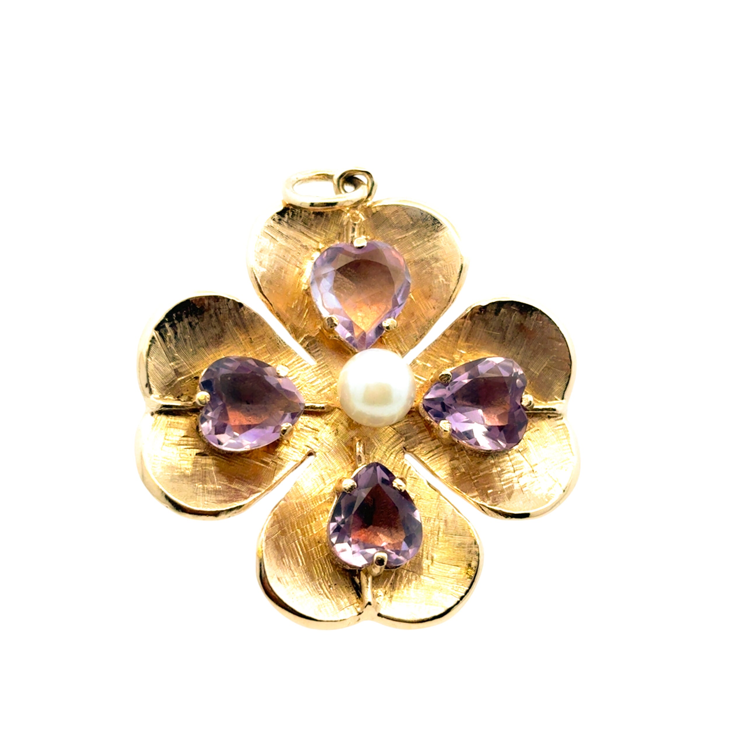 14K Yellow Gold Amethyst and Pearl Clover Pendant