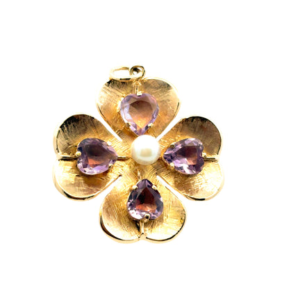 14K Yellow Gold Amethyst and Pearl Clover Pendant