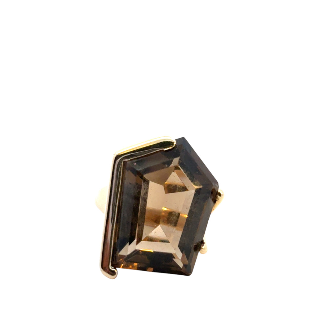 Vintage 14k Yellow Gold Pentagon Shaped Smoky Quartz Gemstone Ring