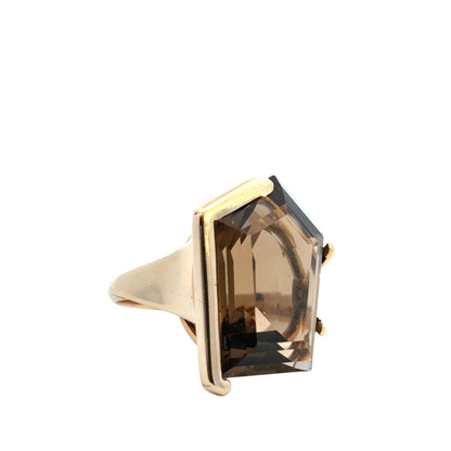 Vintage 14k Yellow Gold Pentagon Shaped Smoky Quartz Gemstone Ring