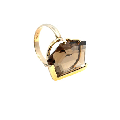Vintage 14k Yellow Gold Pentagon Shaped Smoky Quartz Gemstone Ring