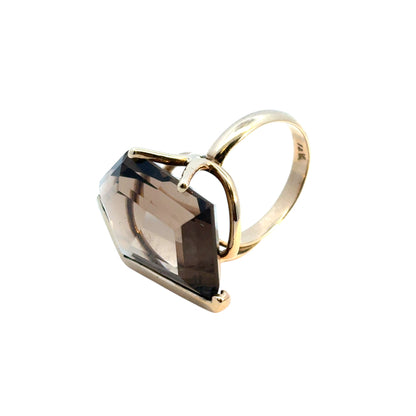 Vintage 14k Yellow Gold Pentagon Shaped Smoky Quartz Gemstone Ring