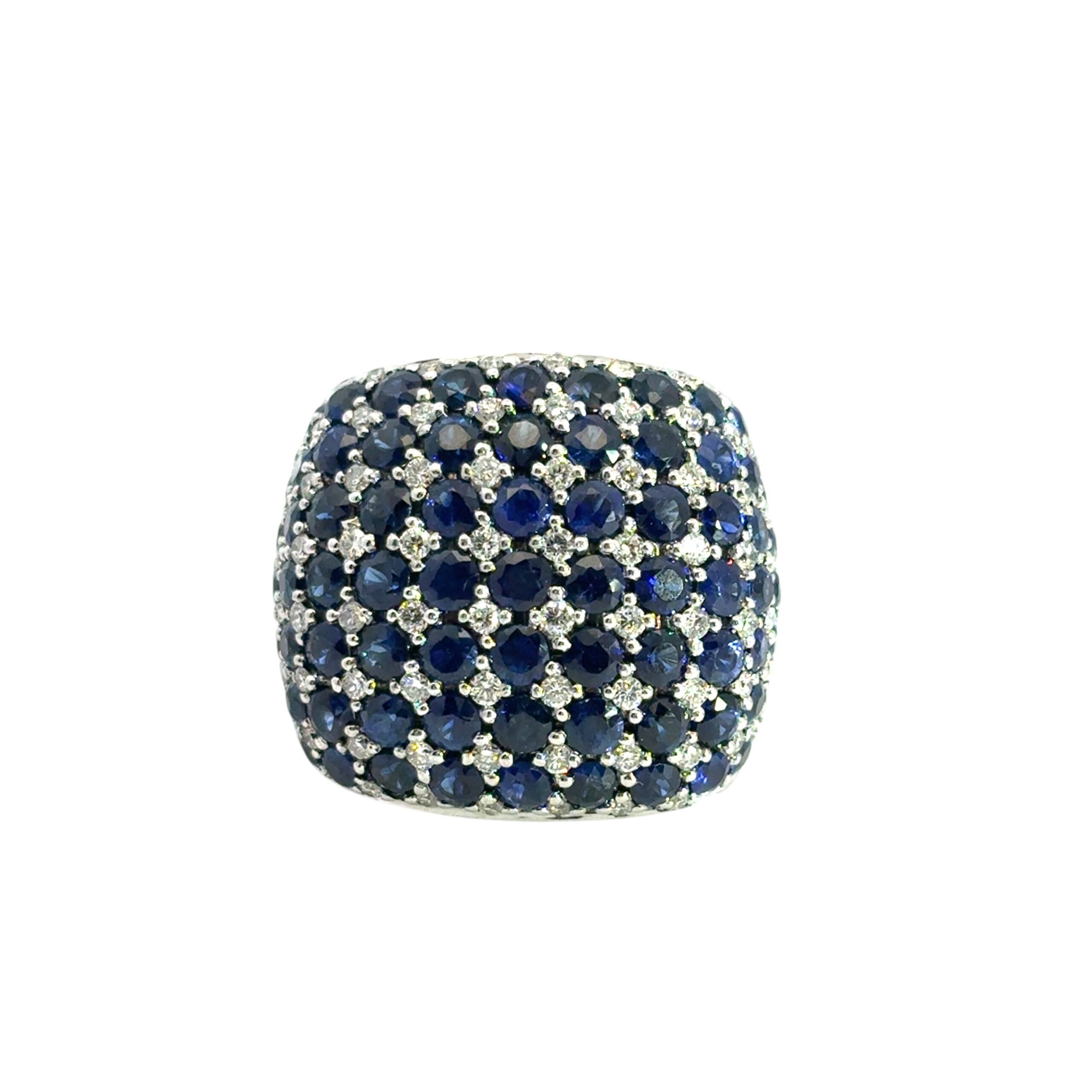 18k White Gold approx. 4.94ctw Round Blue Sapphires and 0.72ctw Natural Round Diamonds Dome Ring