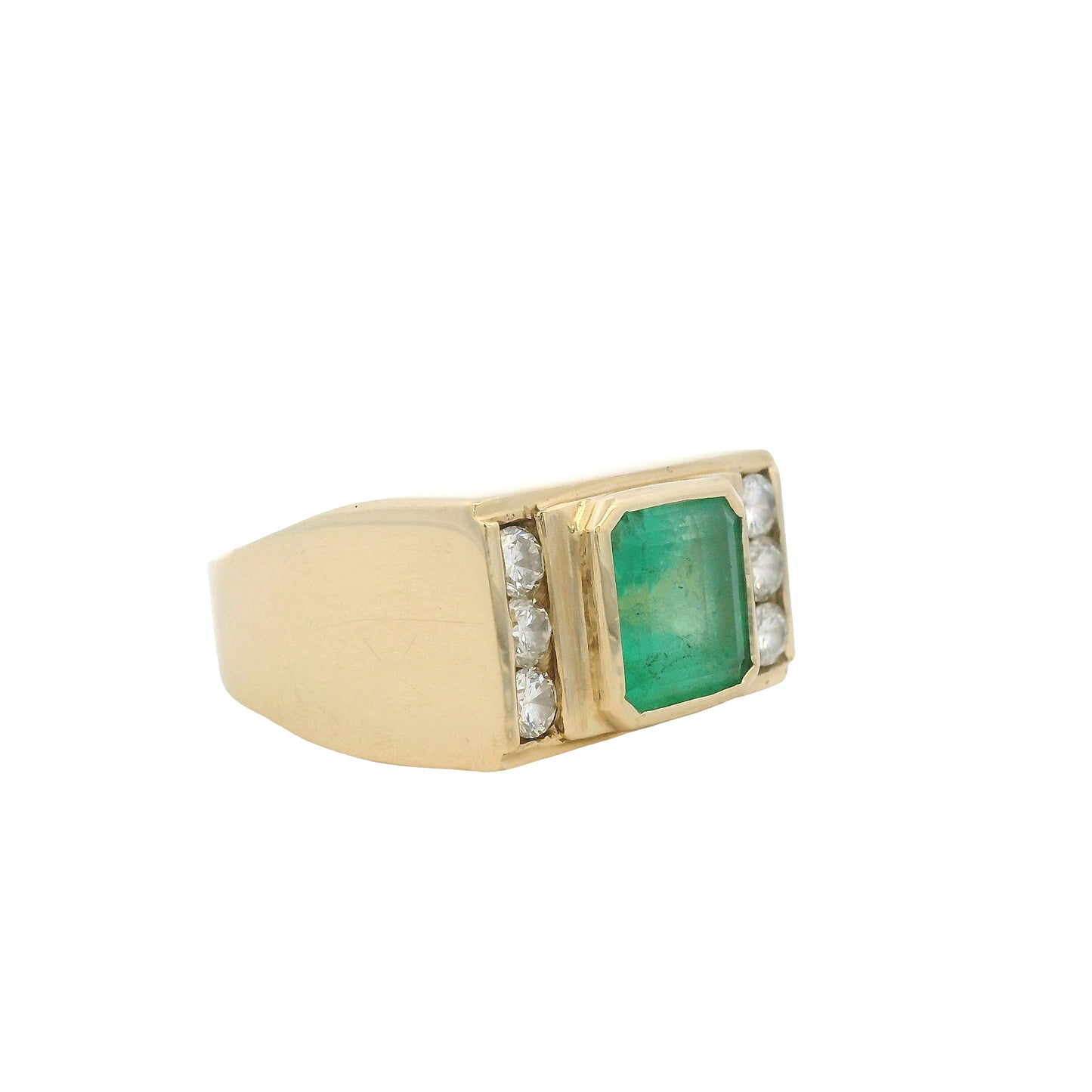 Vintage 14k Yellow Gold Square Cut Emerald and Diamond Men's Ring