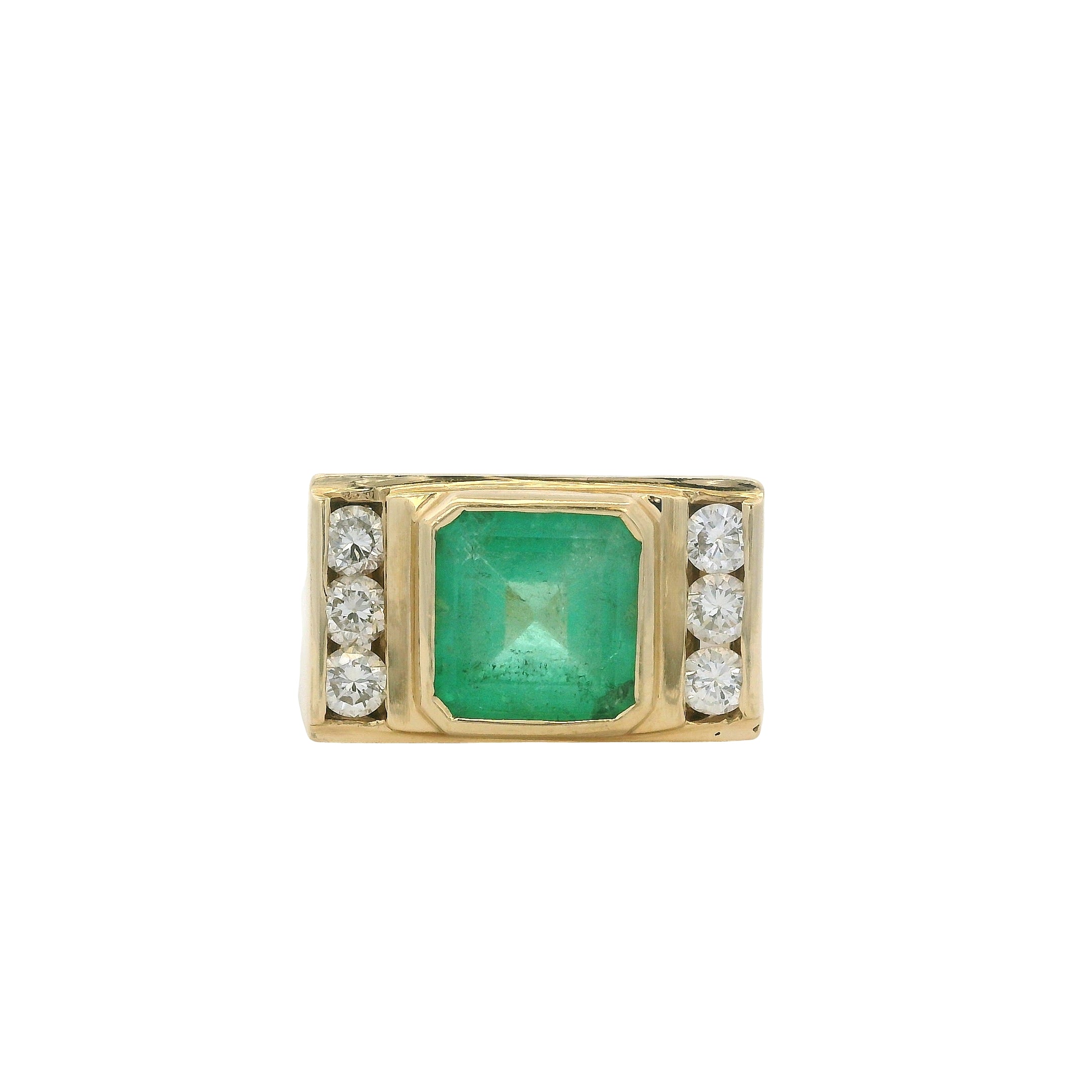Vintage 14k Yellow Gold Square Cut Emerald and Diamond Men's Ring