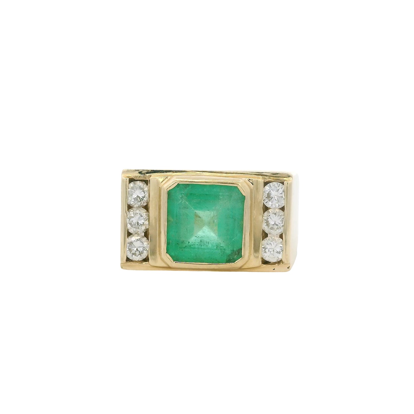 Vintage 14k Yellow Gold Square Cut Emerald and Diamond Men's Ring