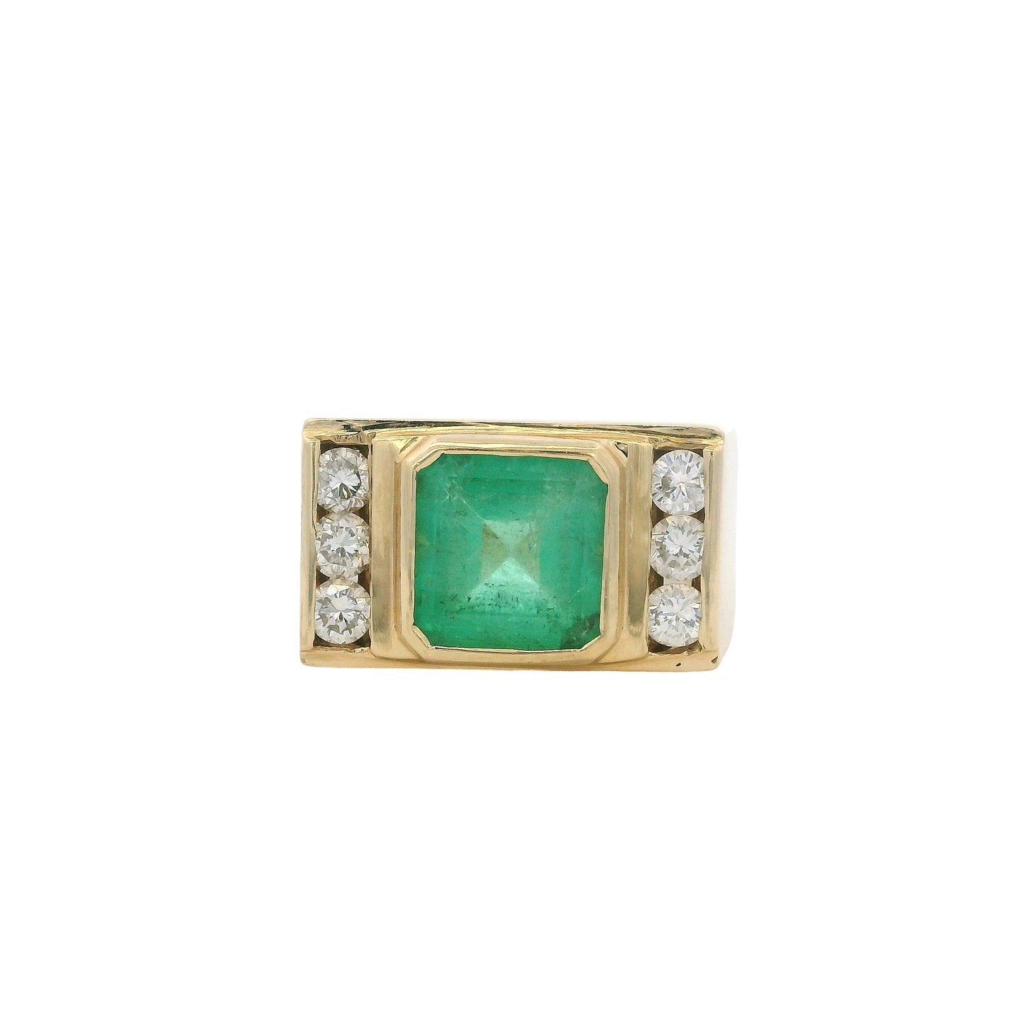 Vintage 14k Yellow Gold Square Cut Emerald and Diamond Men's Ring