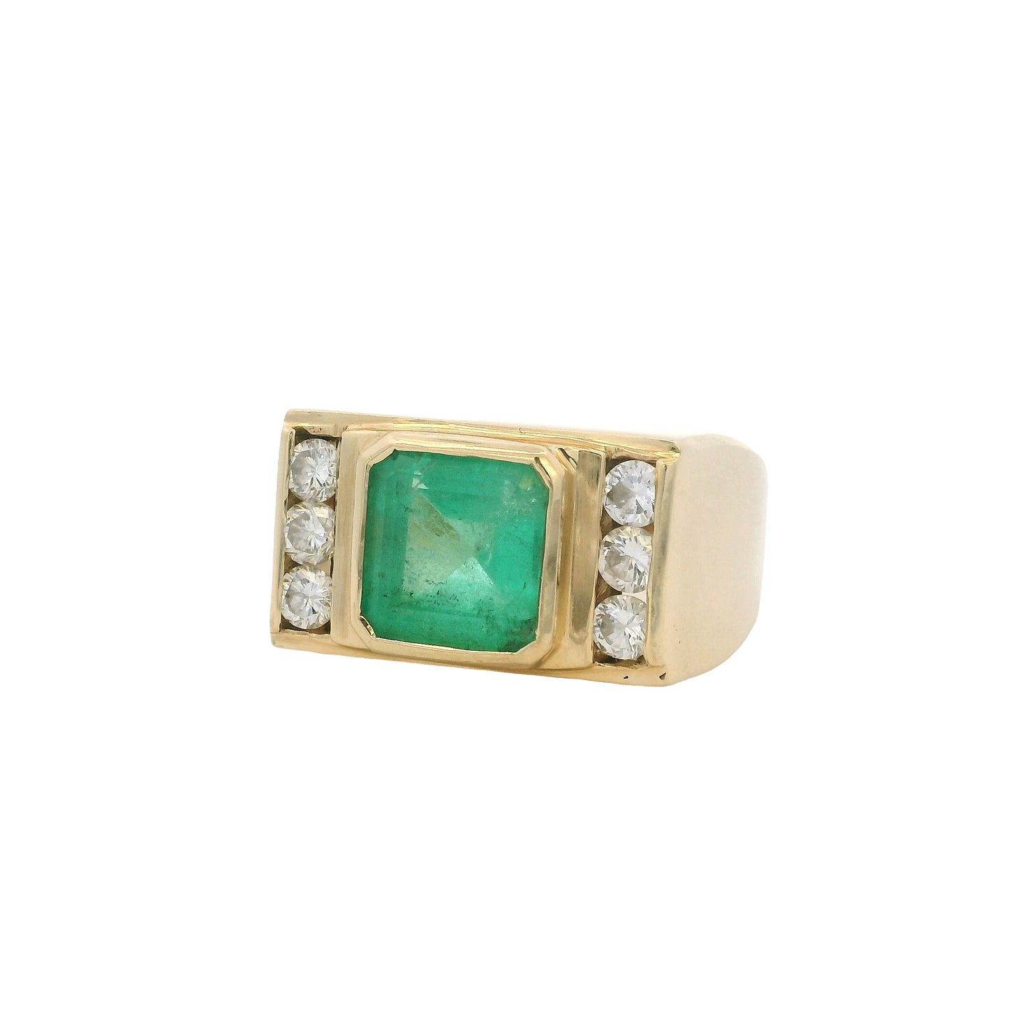 Vintage 14k Yellow Gold Square Cut Emerald and Diamond Men's Ring