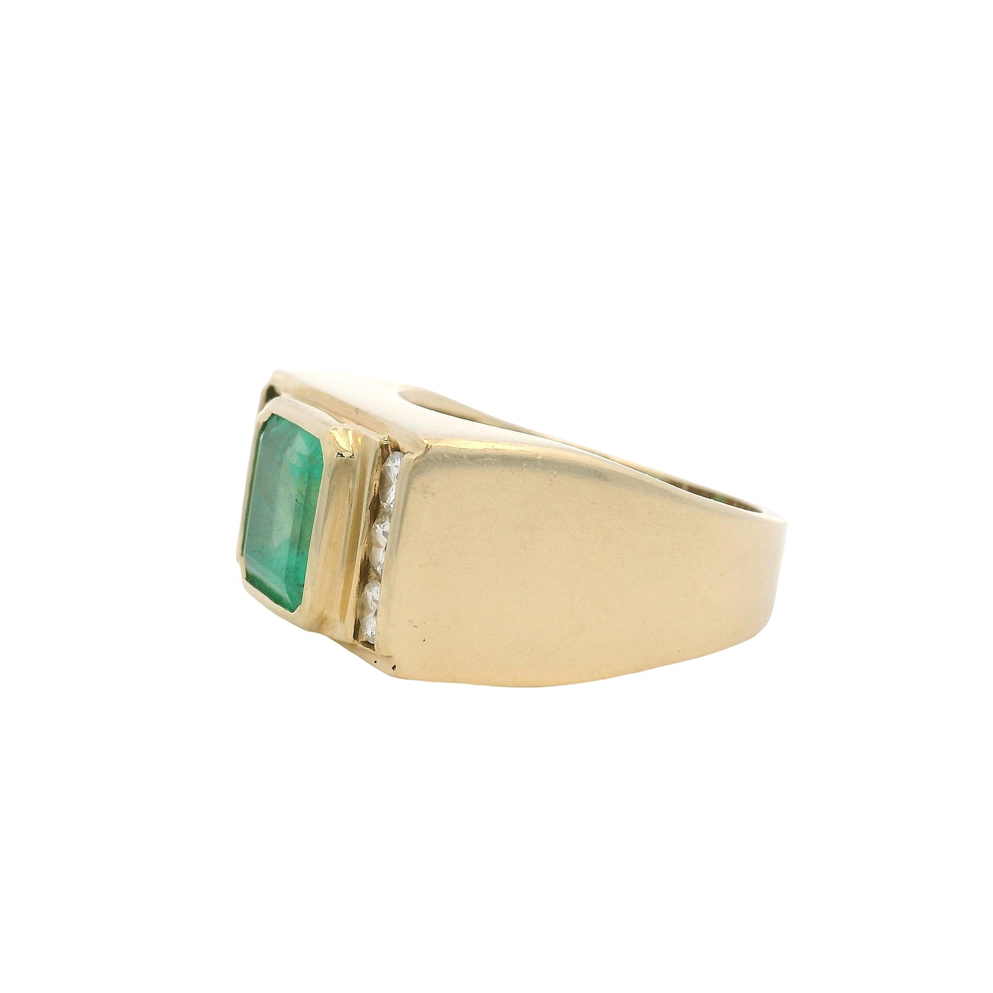 Vintage 14k Yellow Gold Square Cut Emerald and Diamond Men's Ring