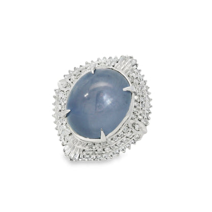 Platinum 19.35ct Sapphire Star and 0.96ct Round Brilliant and Baguette Diamond Ring