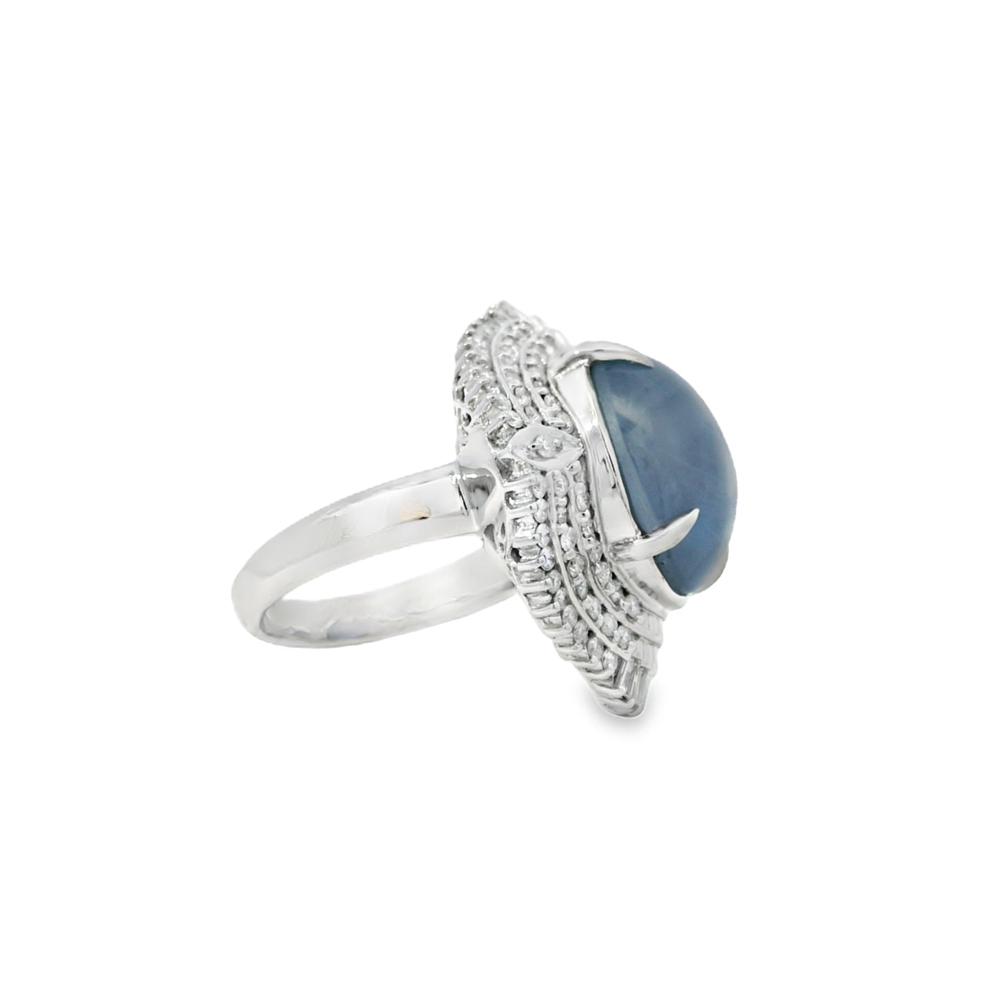 Platinum 19.35ct Sapphire Star and 0.96ct Round Brilliant and Baguette Diamond Ring