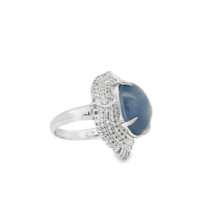 Platinum 19.35ct Sapphire Star and 0.96ct Round Brilliant and Baguette Diamond Ring