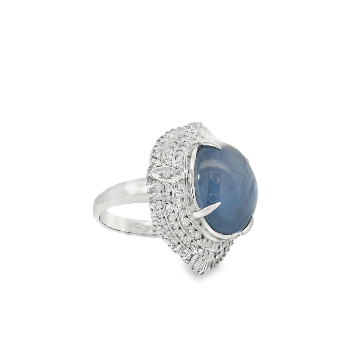 Platinum 19.35ct Sapphire Star and 0.96ct Round Brilliant and Baguette Diamond Ring