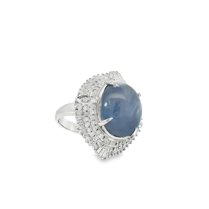 Platinum 19.35ct Sapphire Star and 0.96ct Round Brilliant and Baguette Diamond Ring