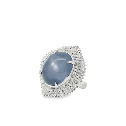Platinum 19.35ct Sapphire Star and 0.96ct Round Brilliant and Baguette Diamond Ring