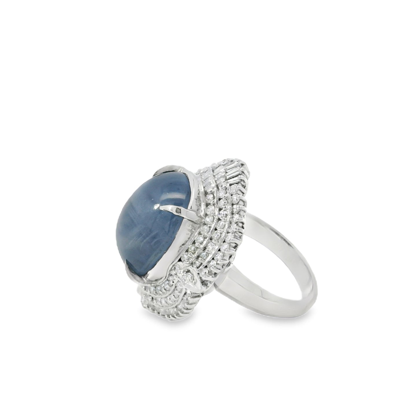 Platinum 19.35ct Sapphire Star and 0.96ct Round Brilliant and Baguette Diamond Ring