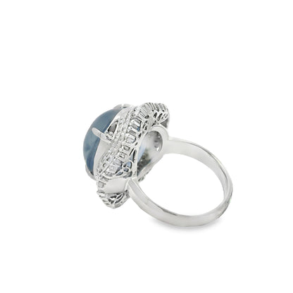 Platinum 19.35ct Sapphire Star and 0.96ct Round Brilliant and Baguette Diamond Ring