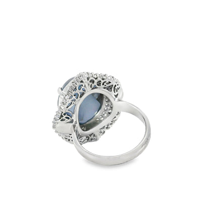 Platinum 19.35ct Sapphire Star and 0.96ct Round Brilliant and Baguette Diamond Ring